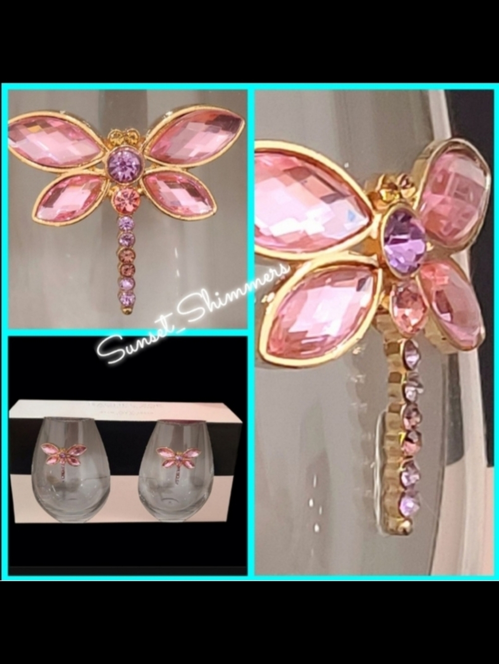 Rachel Zoe Pink Purple Jeweled Rhinestone Lucky Dragonfly Stemless Wine Glasses